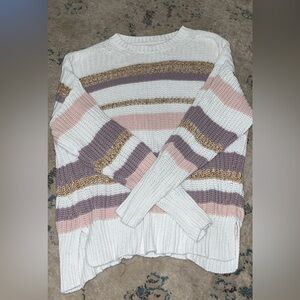 Aeropostale Women's Sweater in Cream, Pink, and Gold Stripes